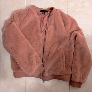Pink faux fur bomber jacket